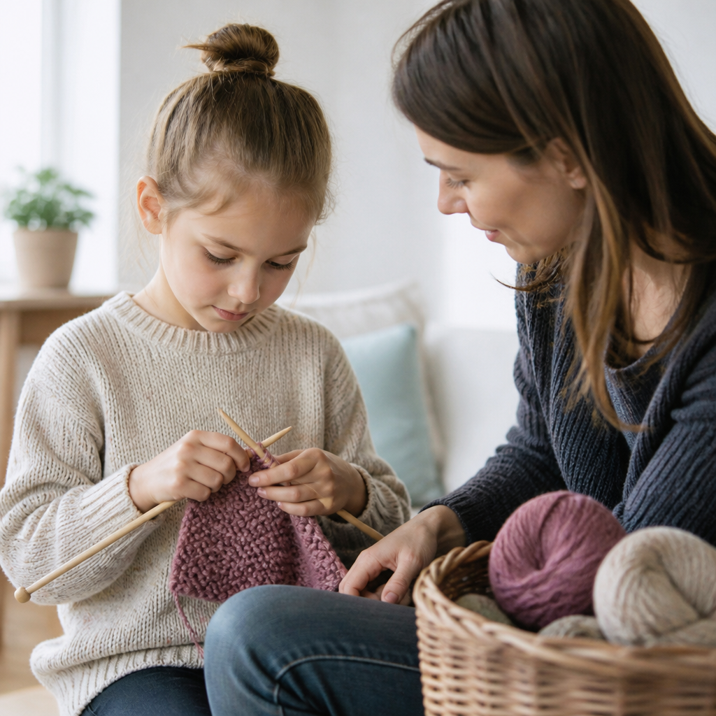 A child's hands working garter stitch on short wooden needles with thick pale yarn.