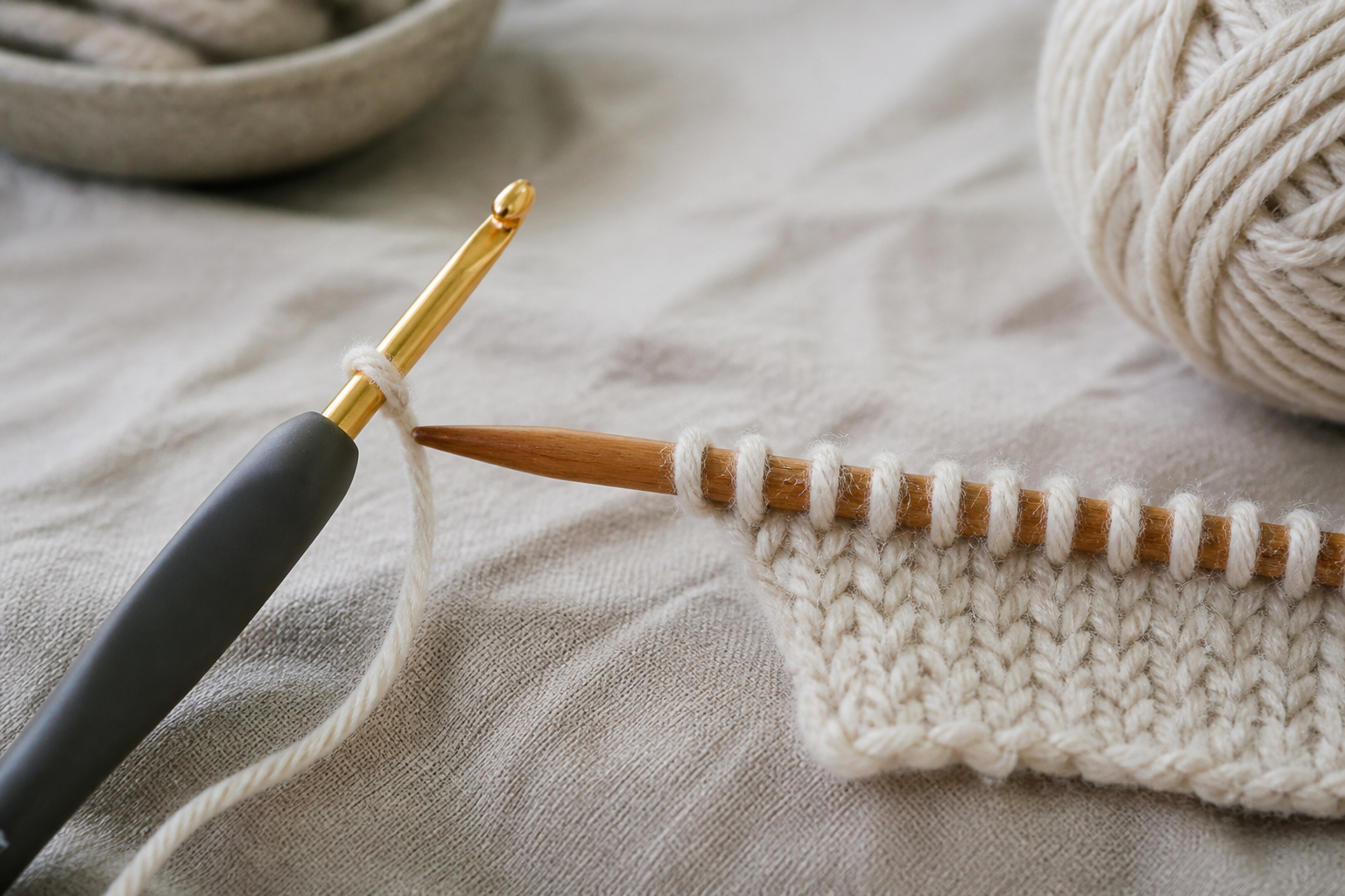 A crochet hook holding one live loop beside a knitting needle holding a full row of live stitches.