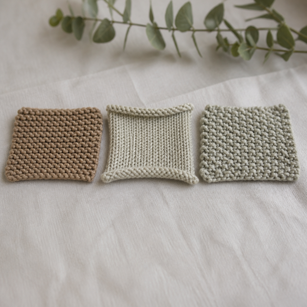 Three worsted weight swatches side by side: garter stitch, stockinette with curling edges, and seed stitch.