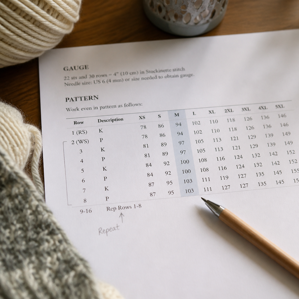A printed knitting pattern page with the gauge statement, the chosen size column and one repeat marked in pencil.