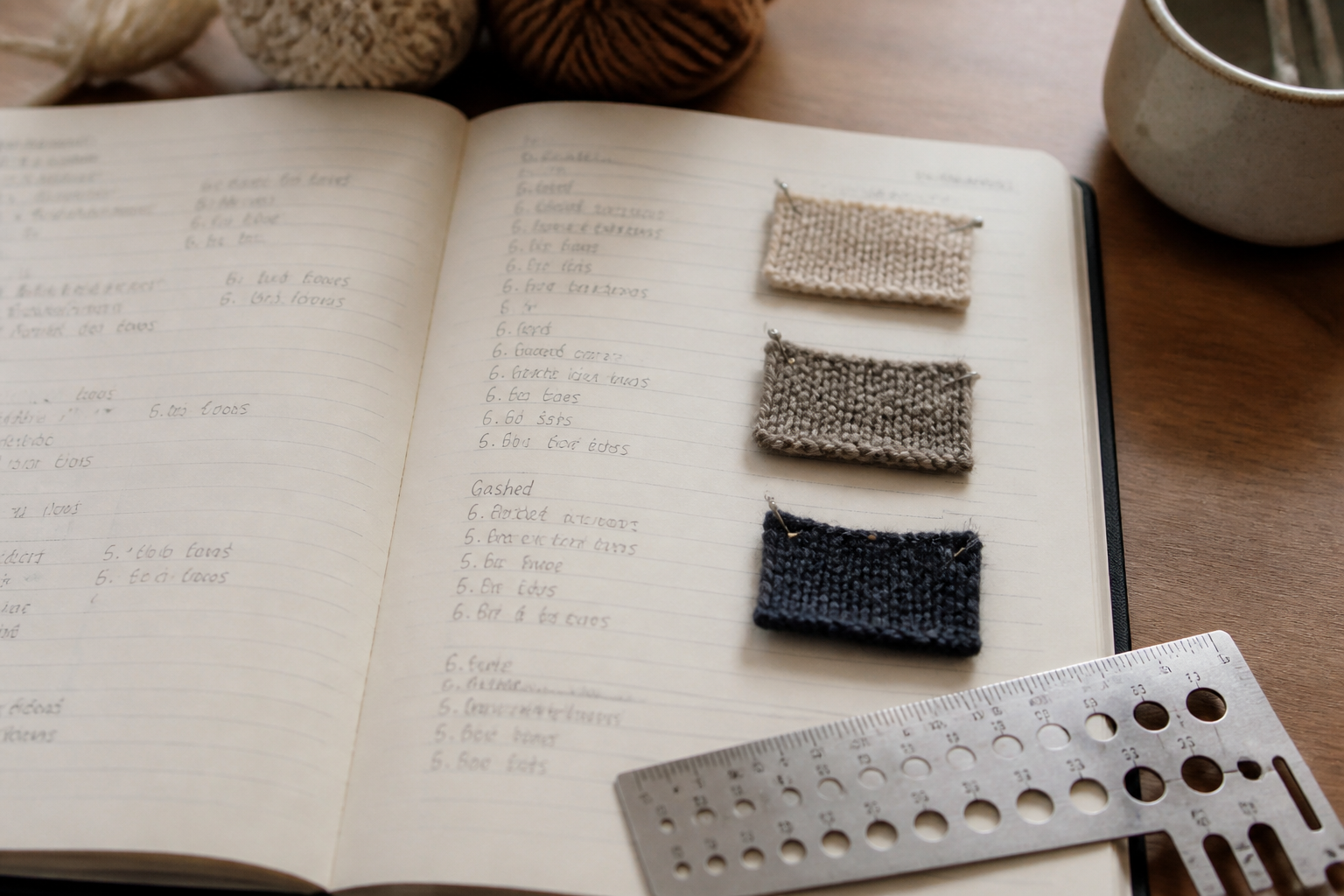 An open notebook with gauge notes, three pinned swatches and a metal gauge ruler on a table.