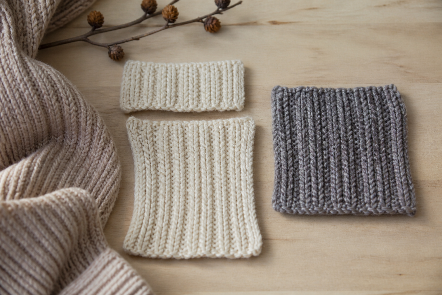 A one by one rib swatch shown relaxed and then stretched, next to a two by two rib swatch.