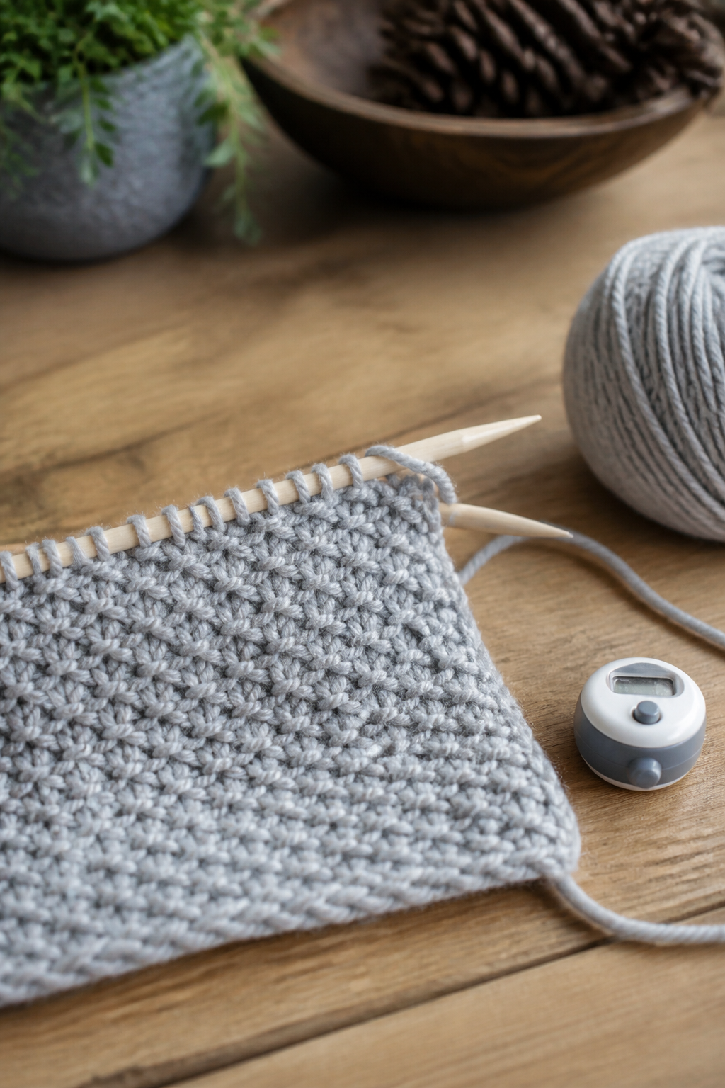 A seed stitch scarf on the needles, with the working yarn and a row counter on a table.