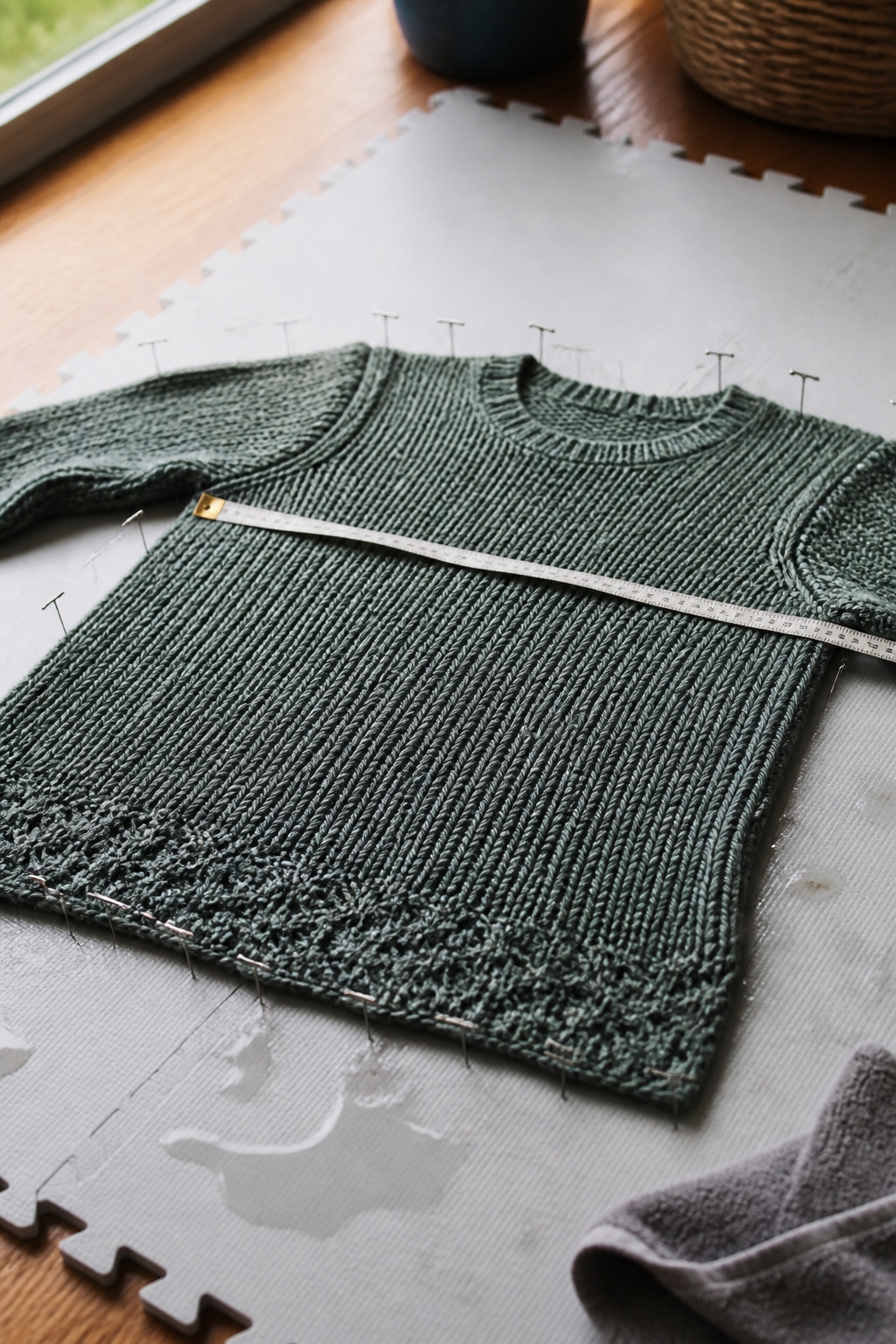 A wet hand-knit sweater pinned out on foam blocking mats with a tape measure laid across the chest.