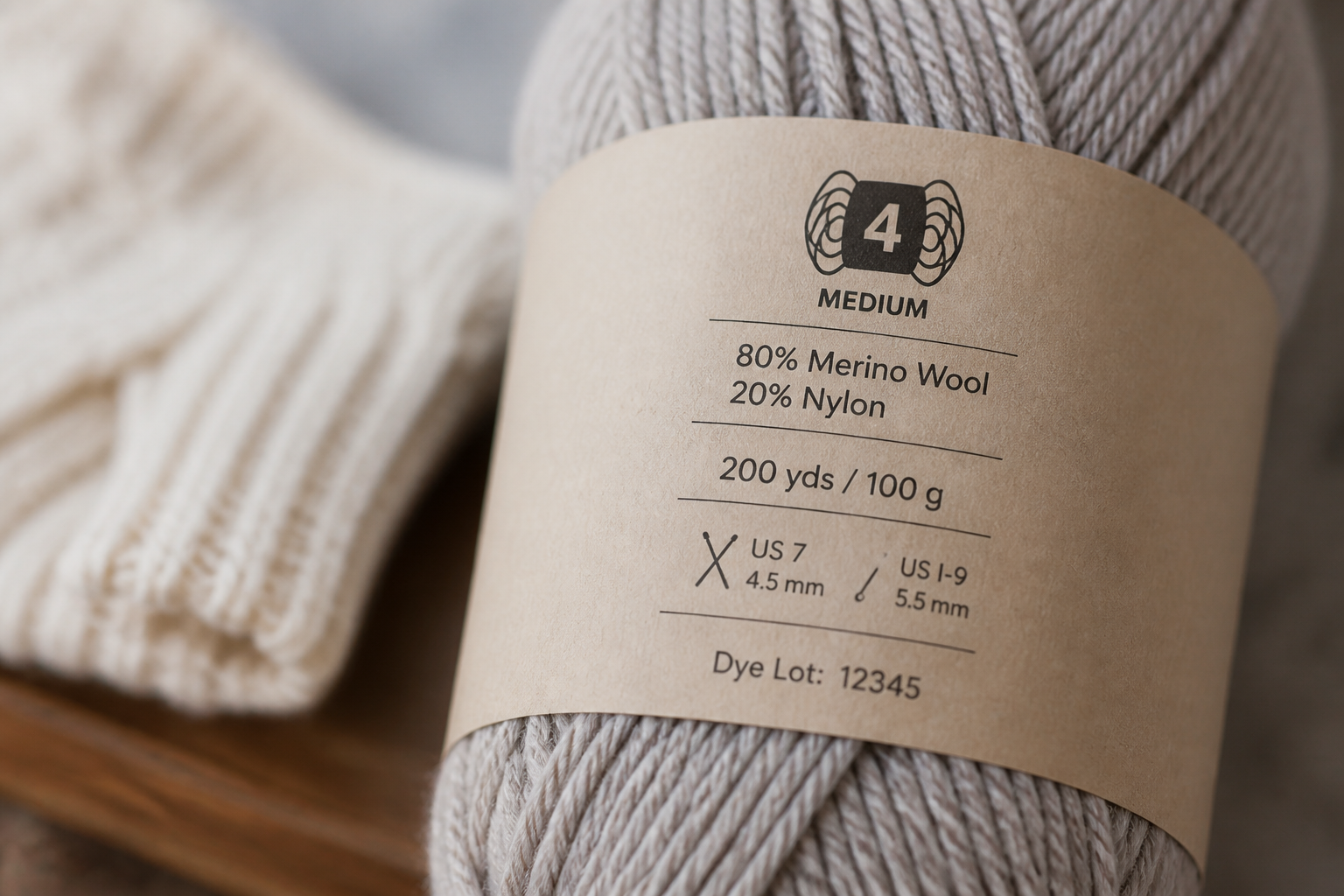 Close-up of a yarn ball band showing the weight category symbol, the fiber content line, the yardage, the recommended needle size and the dye lot number.