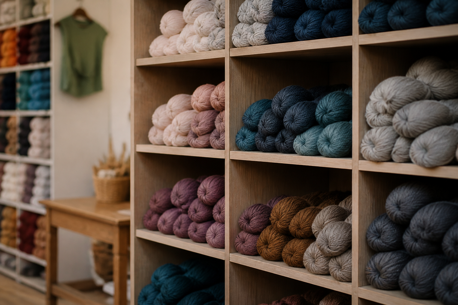 Yarn shop shelves with skeins sorted by weight, each shelf labelled from fingering to bulky.